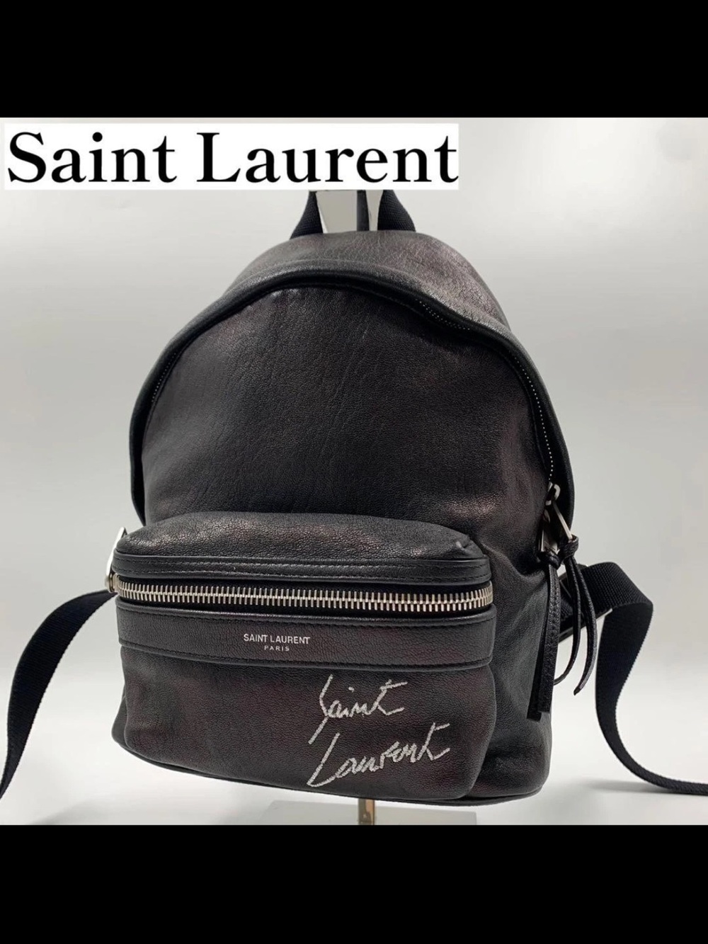 Saint Laurent Black Leather Backpack with Front Logo Pocket